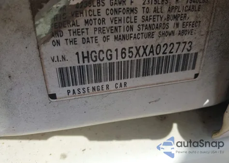 1999 Honda Accord Ex V6 z USA, uszkodzony, nr VIN 1HGCG165XXA022773